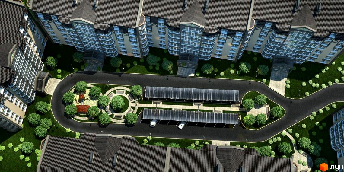 Житловий комплекс Зелений двір (Винники) - вид зверху на сучасні будинки та доглянуту прибудинкову територію з парковкою та зеленими зонами.