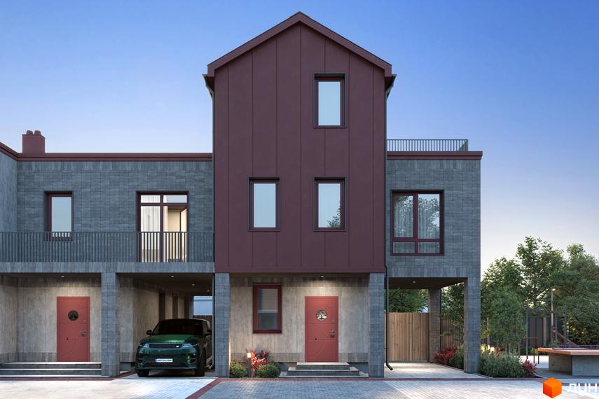 Таунхауси New Smart 14: двоповерхові будинки з сірою цегляною облицовкою та бордовими фасадами, з автомобілем біля входу. Прибудинкова територія з деревами та зоною відпочинку.