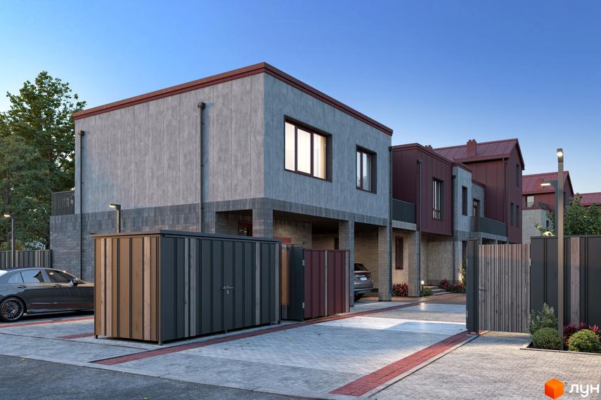 Зовнішній вигляд таунхаусів New Smart 14 з сірим фасадом та червоним дахом. Прибудинкова територія з паркуванням та воротами.