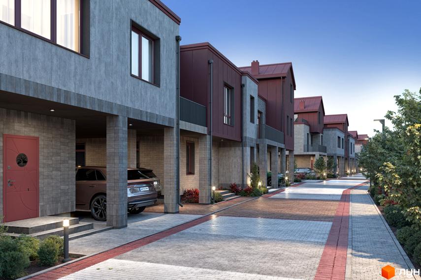 Таунхауси New Smart 14 з сірим фасадом та бордовим дахом, з парковкою біля будинку та вимощеною доріжкою. Зовнішній вигляд новобудови та прибудинкової території.
