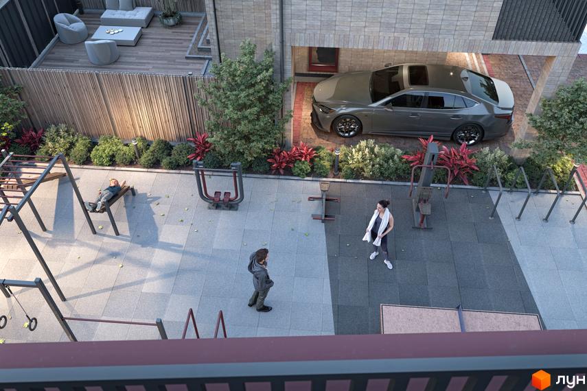 New Smart 14 таунхауси: фасад будівлі та облаштований двір з дитячим майданчиком та зоною для відпочинку.