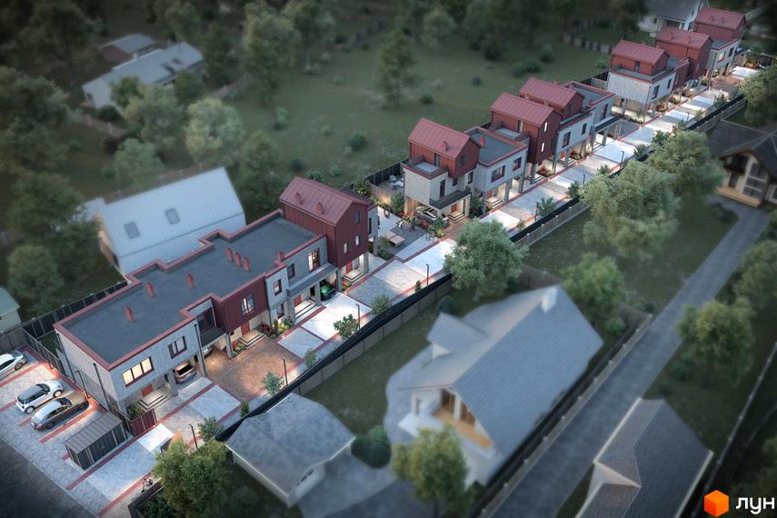 Таунхауси New Smart 14 з червоними дахами та сірими фасадами, розташовані вздовж вулиці з бруківкою та деревами. Прибудинкова територія з парковками та зеленими зонами.