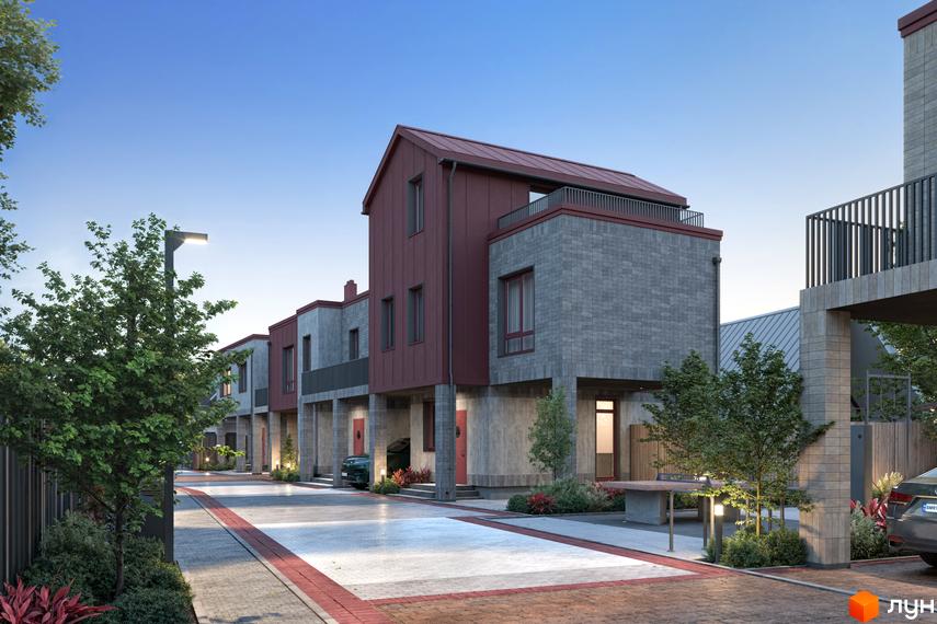 Таунхауси New Smart 14 з червоним дахом та сірими стінами, розташовані на брукованій вулиці з деревами та освітленням.