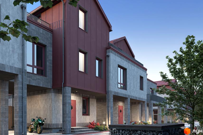 Таунхауси New Smart 14 - фасади будинків з сірого каменю та бордових панелей, зелений мотоцикл біля входу, доглянута прибудинкова територія.