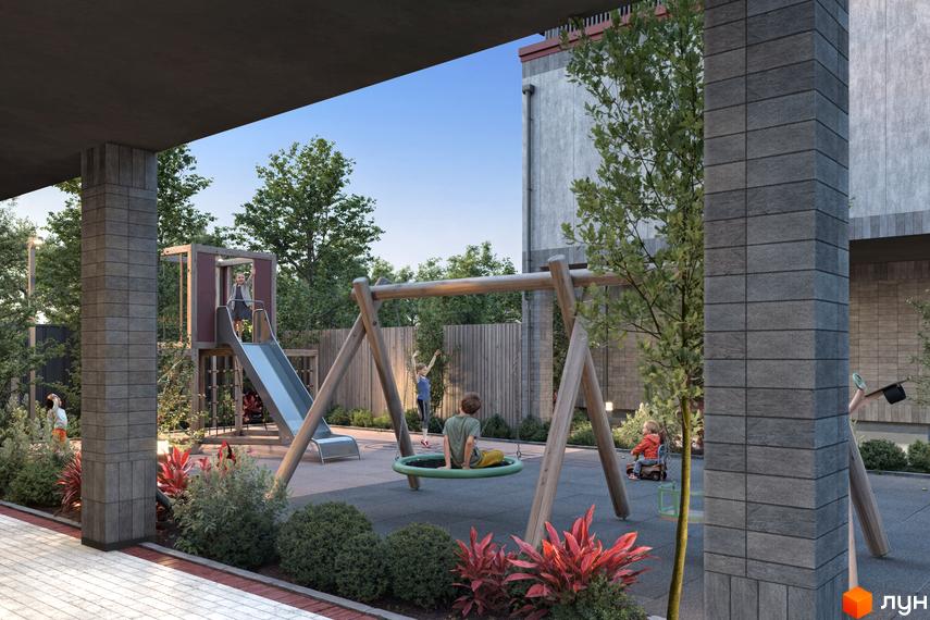 Дитячий майданчик біля будинку Таунхауси New Smart 14 з гіркою та гойдалками. Зелена зона з деревами та кущами.