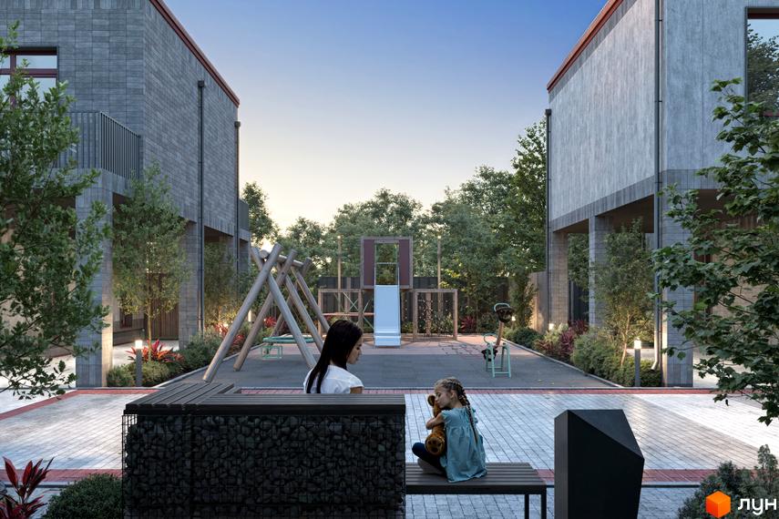 Таунхауси New Smart 14: двоповерхові будинки з сірого цегляного фасаду та дитячий майданчик з гіркою та гойдалками.