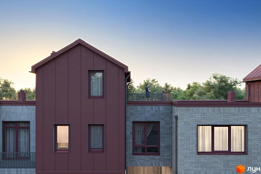 Зовнішній вигляд таунхаусів New Smart 14 з коричневим фасадом та сірою цегляною кладкою. На терасі стоїть людина, навколо зелені дерева.