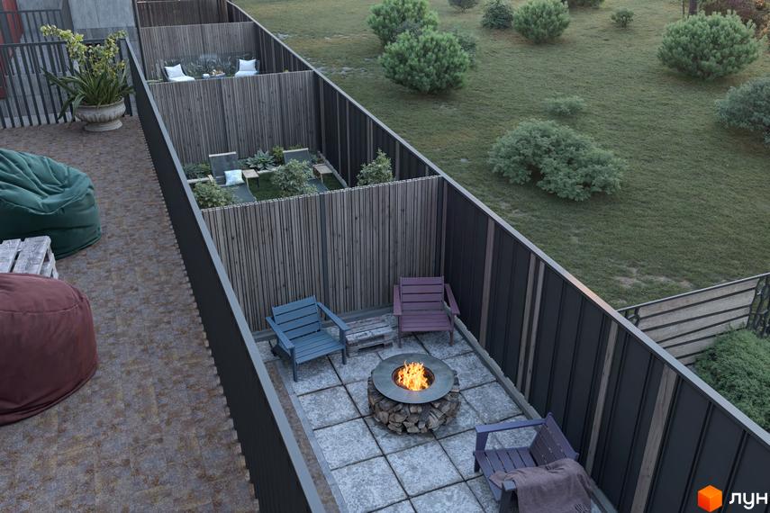 Таунхауси New Smart 14: затишна тераса з каміном та зручними кріслами, оточена зеленню. Відкритий простір для відпочинку та дозвілля.