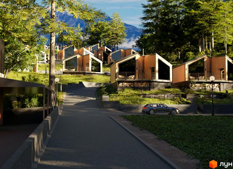 Котеджне містечко Теплий: дерев'яні будинки з панорамними вікнами на схилі гори, оточені соснами. Автомобіль їде дорогою до будинків.