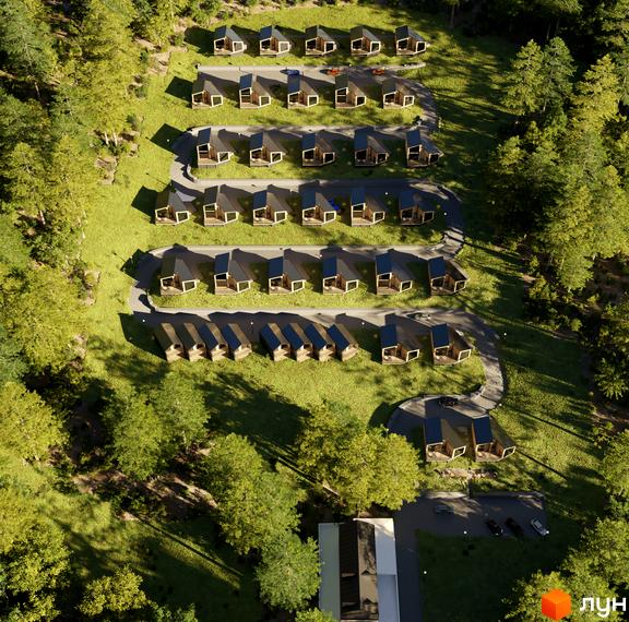 Котеджне містечко Теплий: сучасні будиночки з дерев'яними фасадами та темними дахами, розташовані серед зеленого ландшафту з доріжками та деревами.