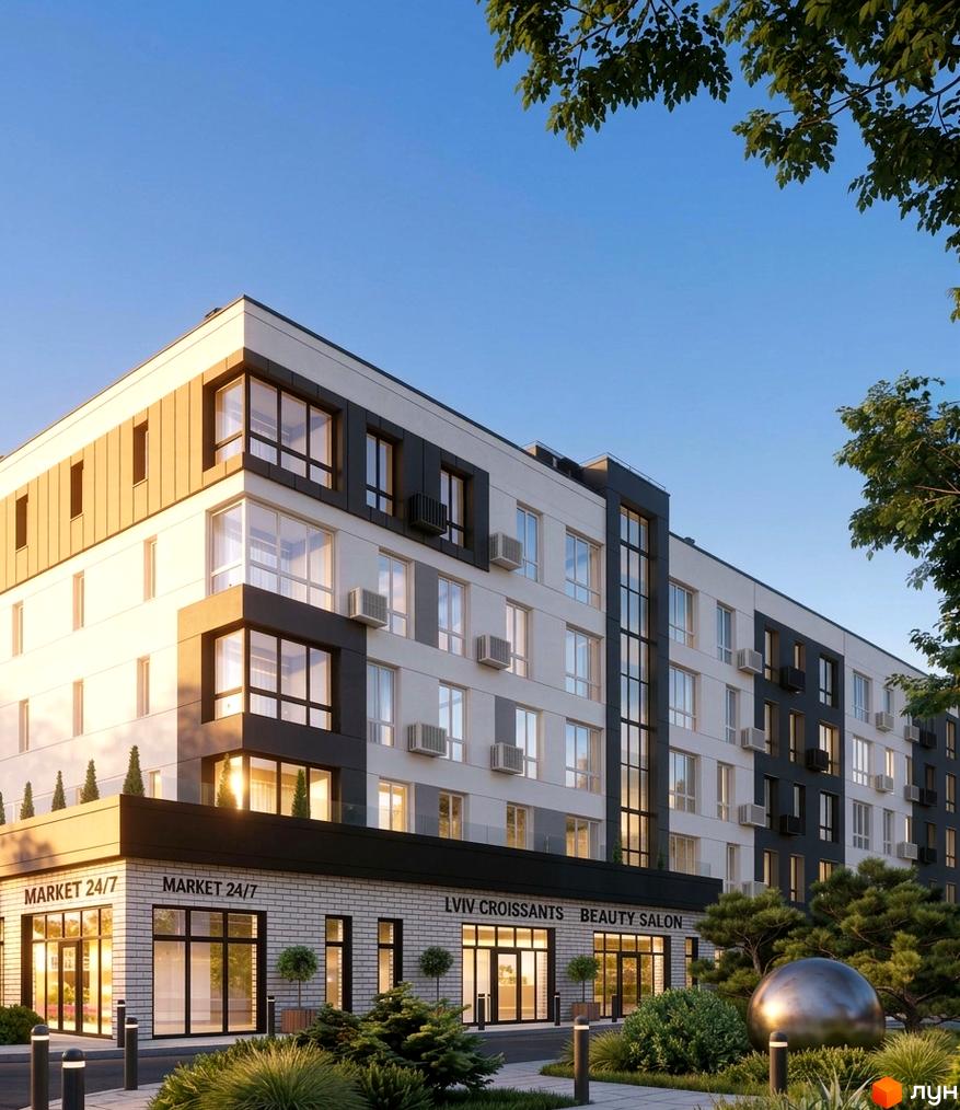 Житловий комплекс KLEN з фасадами білого та темно-сірого кольору, великими вікнами та прибудинковою територією з зеленими насадженнями та арт-об'єктом.