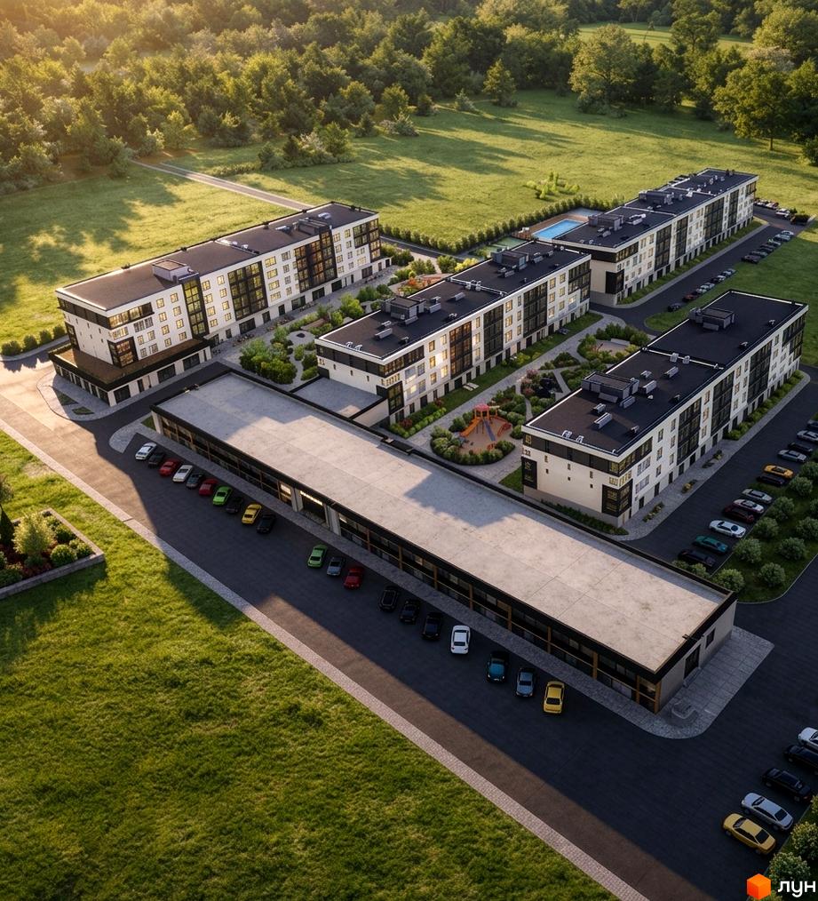 Зовнішній вигляд житлового комплексу KLEN з сучасними будівлями та доглянутою прибудинковою територією з басейном та дитячим майданчиком.