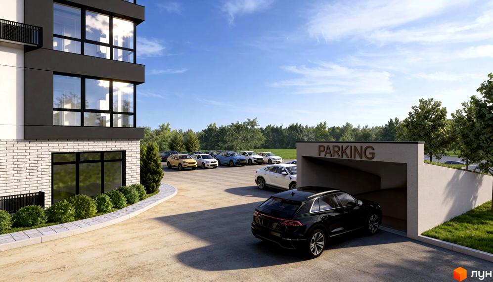 Житловий комплекс KLEN: фасади будинку з великими вікнами та цегляною кладкою, парковка з автомобілями та в'їзд до підземного паркінгу.