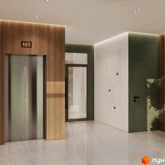 Сучасний хол житлового комплексу KLEN з ліфтом та дверима. Дизайн інтер'єру з дерев'яними та зеленими елементами.