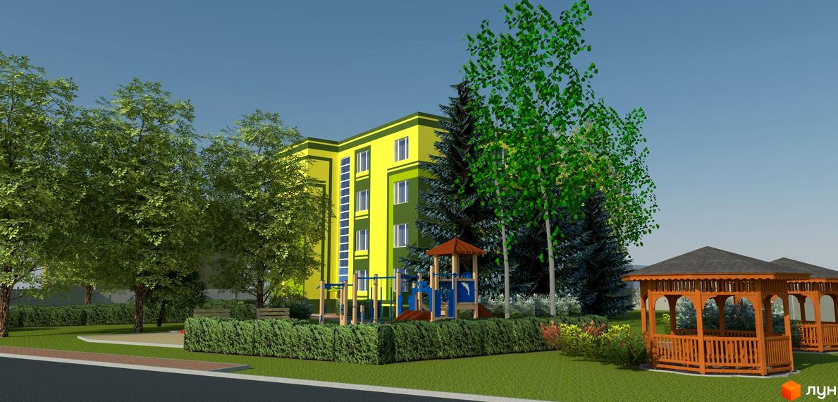 Будівельний проєкт Усадьба: жовто-зелена багатоповерхівка з дитячим майданчиком та альтанками. Навколо будівлі зелені насадження, дерева та кущі.