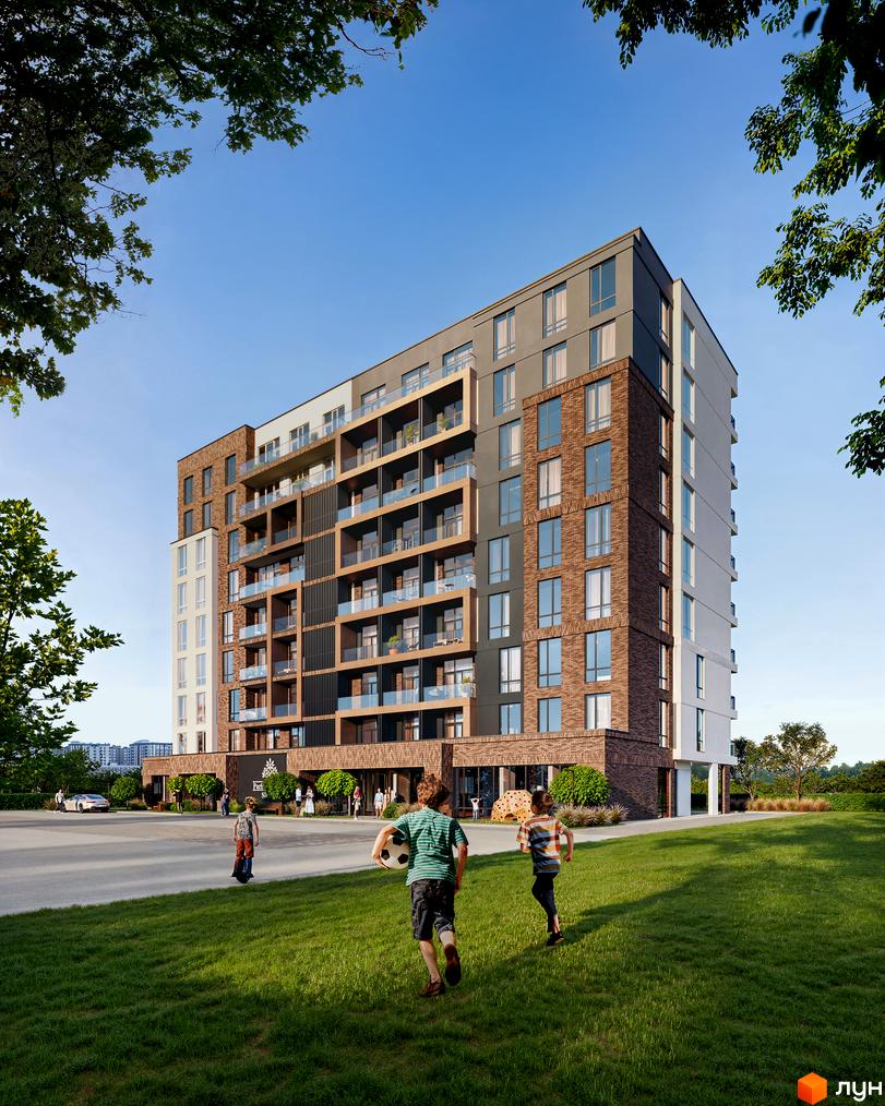 Житловий комплекс Park Residence SMART з цегляним фасадом та скляними балконами. На прибудинковій території зелена галявина та діти.