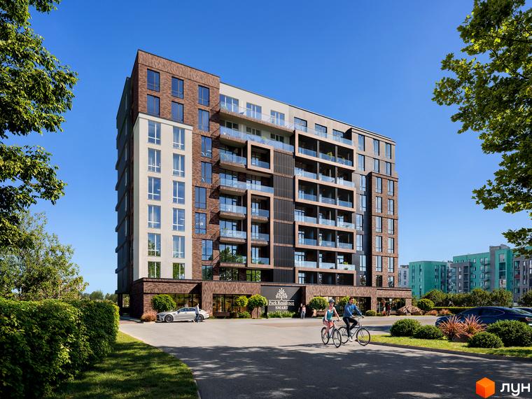Житловий комплекс Park Residence SMART з цегляним та світлим фасадом, скляними балконами, оточений зеленою прибудинковою територією та дорогою.