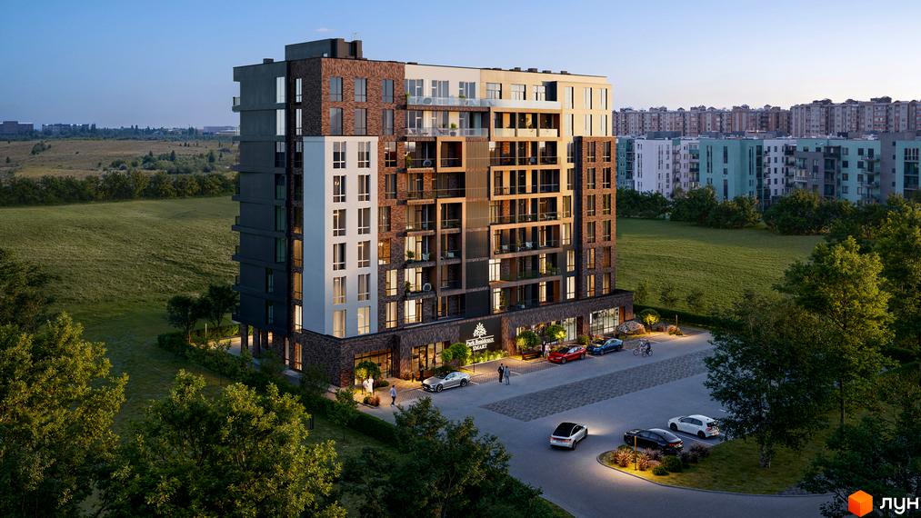 Новобудова Park Residence SMART з цегляним та білим фасадом, балконами та парковкою біля будинку.