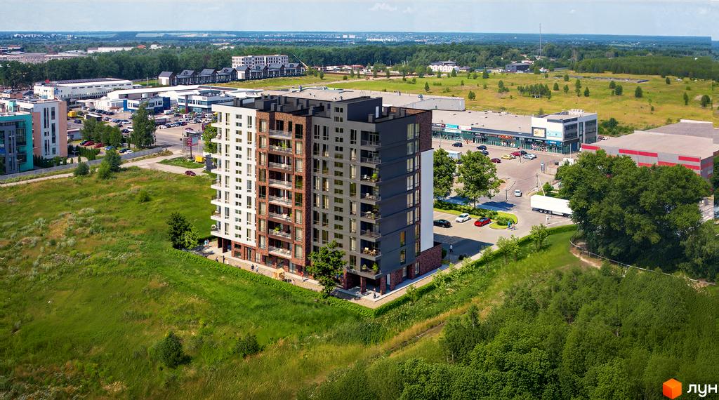 Житловий комплекс Park Residence SMART: будинок з білим, темно-сірим та коричневим фасадом, розташований серед зелені та комерційних споруд.