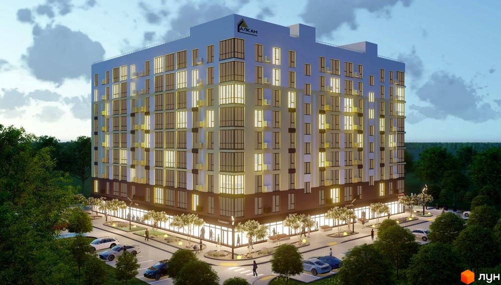 Житловий комплекс Двори Ярослава: багатоповерховий будинок зі світлим фасадом та комерційними площами. Територія з деревами, освітленими доріжками та парковкою.