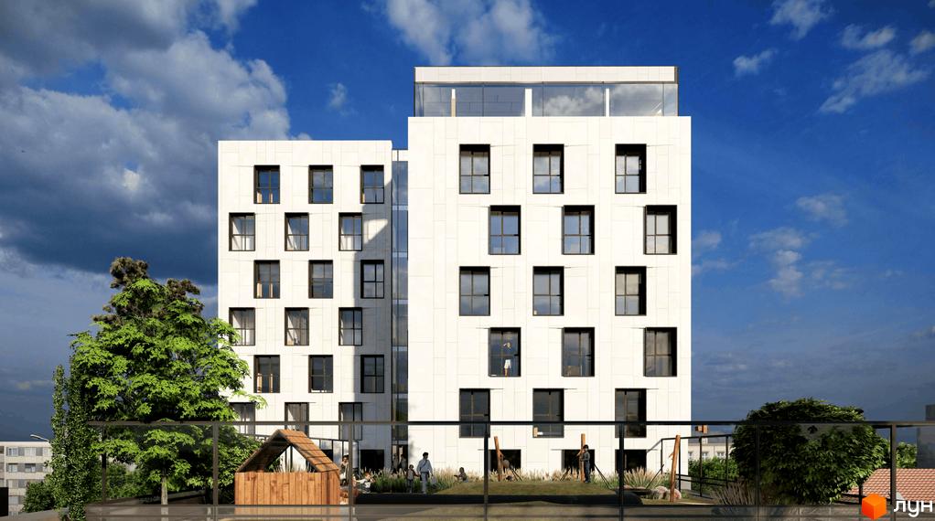 Білий багатоповерховий будинок Житлового комплексу Сапфір з темними вікнами та скляним верхнім поверхом. На прибудинковій території зелені насадження та дитячий майданчик.