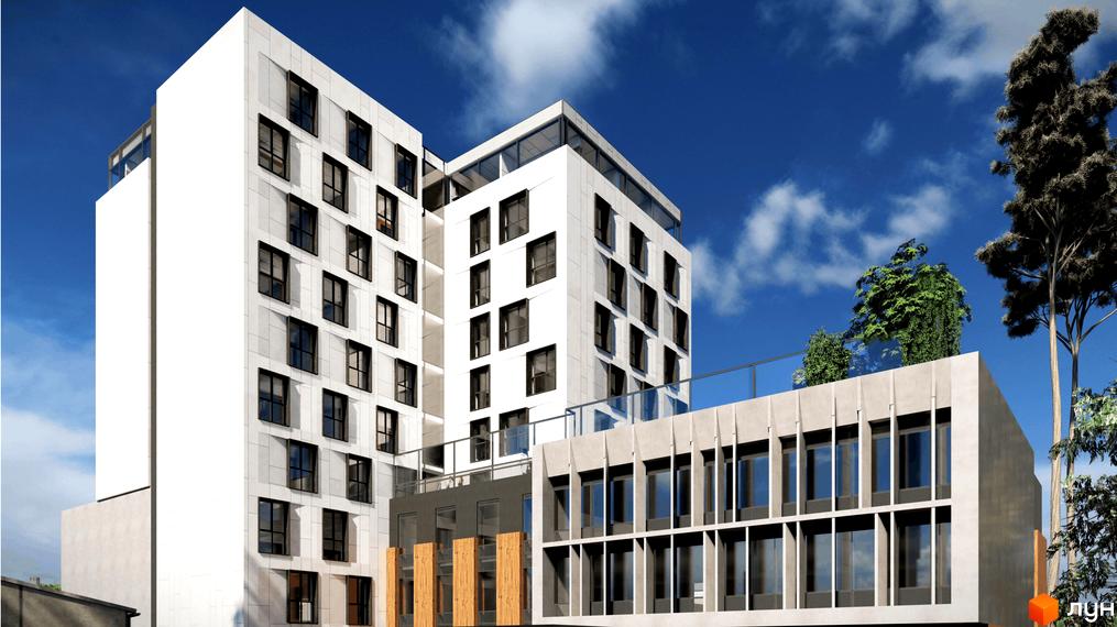 Житловий комплекс Сапфір: біла фасадна система з темними вікнами та бетонна частина з вертикальними елементами. Навколо зелені дерева та блакитне небо.