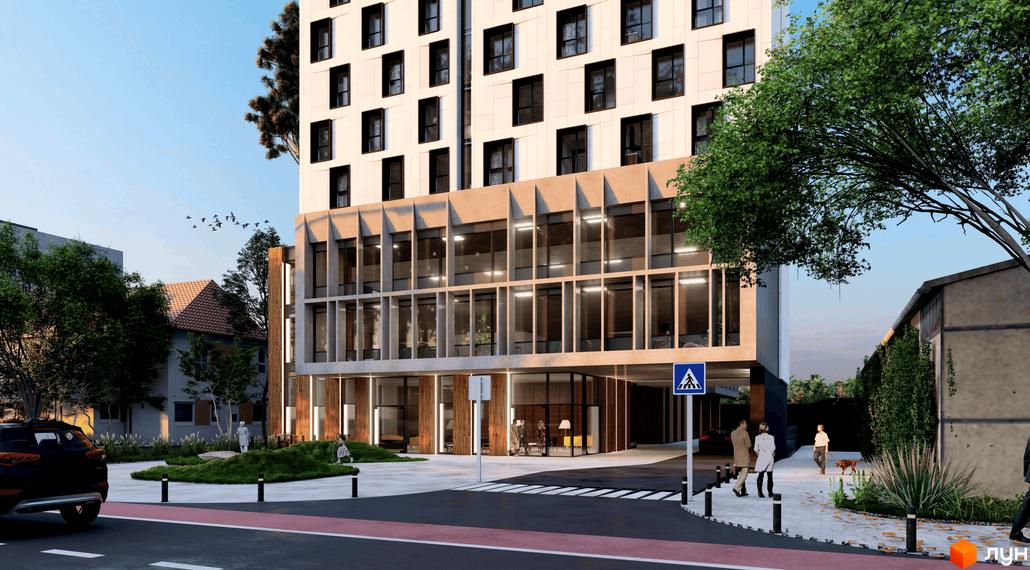 Житловий комплекс Сапфір: фасади будівлі з панорамними вікнами та прибудинкова територія з зеленими насадженнями та пішохідними доріжками.