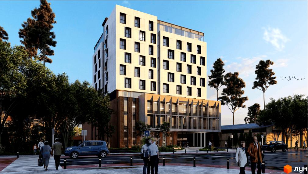 Житловий комплекс Сапфір: фасади будівлі з великою кількістю вікон та скляними елементами, зелена прибудинкова територія з деревами та пішохідними доріжками.