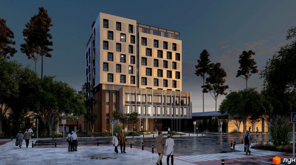 Житловий комплекс Сапфір: багатоповерхова новобудова з великою кількістю вікон та скляним фасадом на першому поверсі, оточена деревами та міською інфраструктурою.