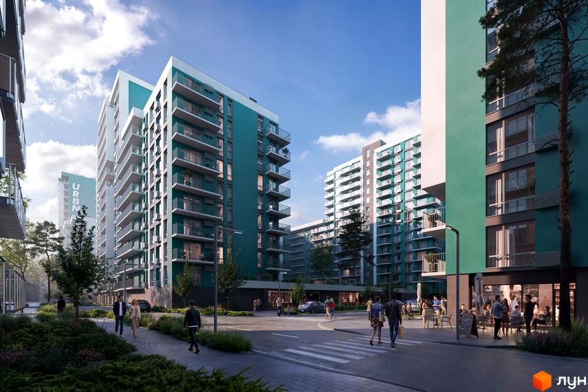 Житловий комплекс URBN: багатоповерхові будинки бірюзового та білого кольорів з балконами, оточені зеленими насадженнями та пішохідними зонами.