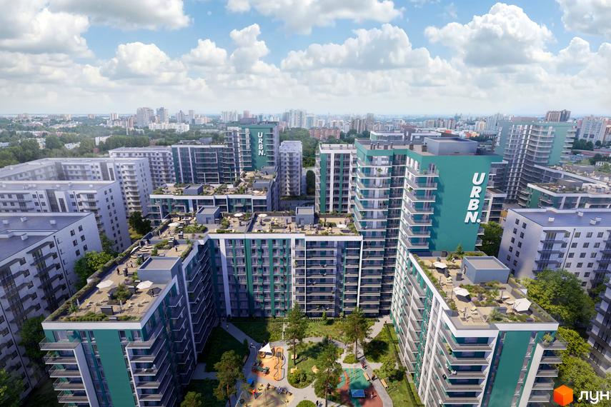 Багатоповерхові будинки Житлового комплексу URBN з бірюзовими та білими фасадами, балконами. На дахах облаштовані тераси, а у дворах зелені зони з дитячими майданчиками.
