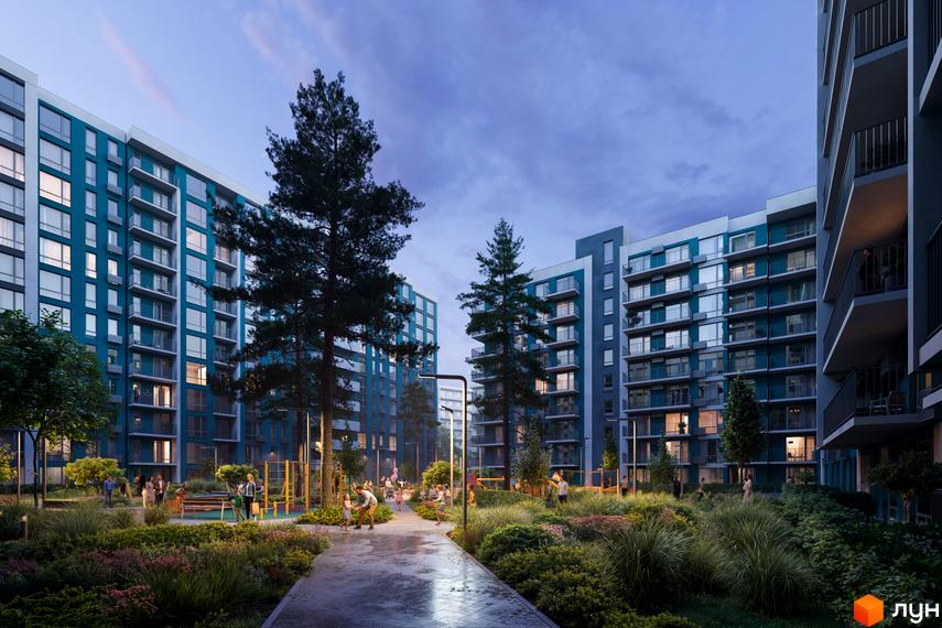 Новобудова URBN: багатоповерхові будинки з синіми фасадами та балконами. Прибудинкова територія з зеленими насадженнями, дитячим майданчиком та освітленими доріжками.