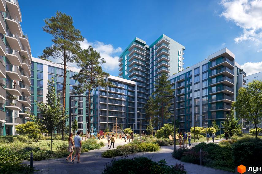 Житловий комплекс URBN: висотні будинки бірюзового та білого кольорів з балконами. Доглянутий двір з деревами, дитячим майданчиком та доріжками.