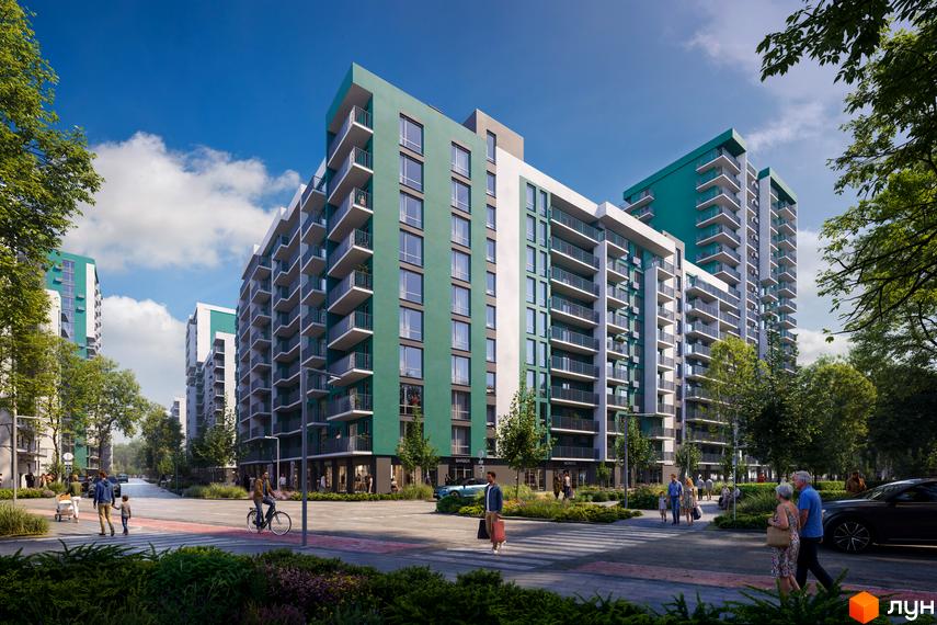 Житловий комплекс URBN з багатоповерховими будинками зеленого та білого кольору, балконами. Навколо облаштована територія з пішохідними доріжками, деревами та магазинами.