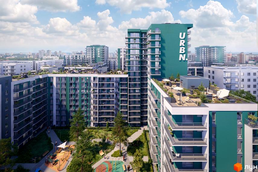 Житловий комплекс URBN з багатоповерховими будинками зеленого кольору, балконами та зеленими дахами. На території є дитячий майданчик та зони відпочинку.