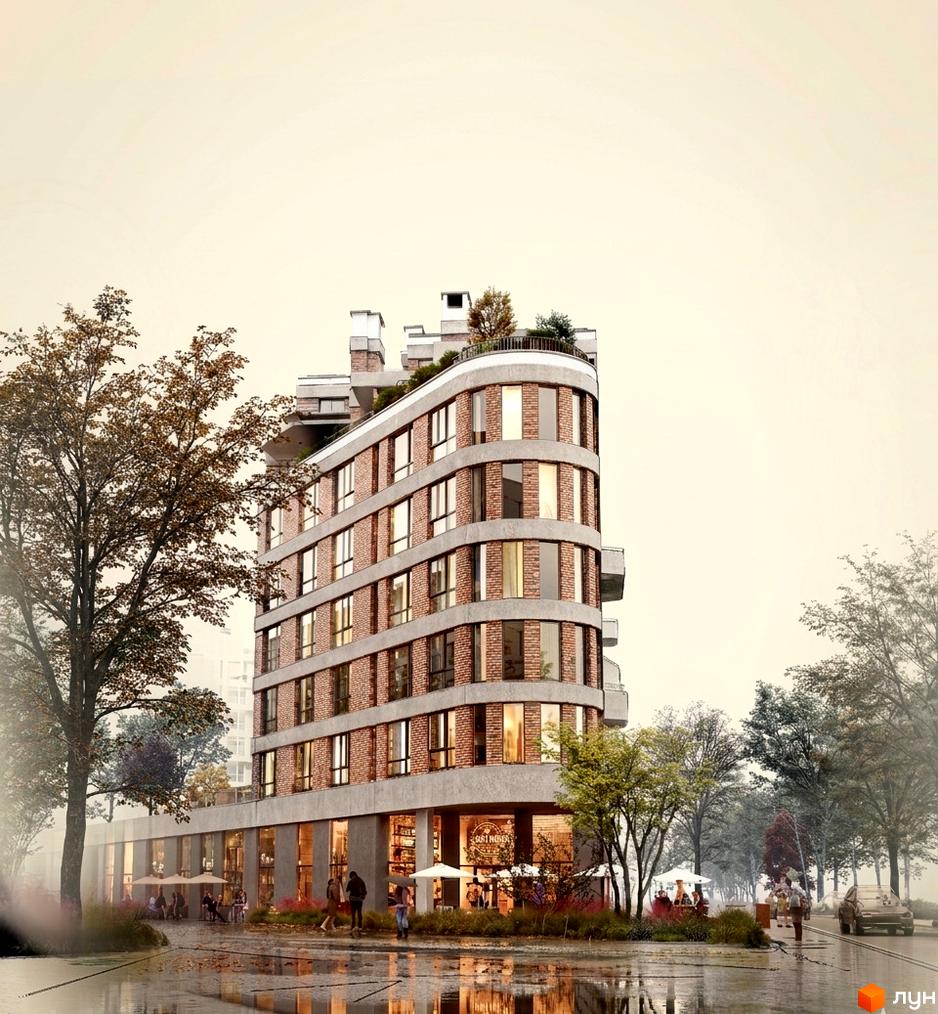 Житловий комплекс Wmisto з вигнутим цегляним фасадом та великими вікнами. Прибудинкова територія має зелені насадження, пішохідну зону та літнє кафе.