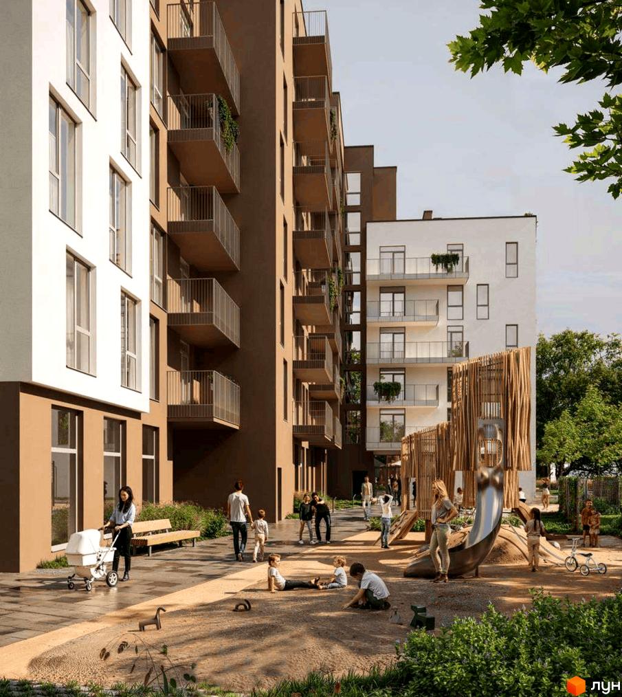 Житловий комплекс PRAUD Rise: багатоповерхові будинки з білими та коричневими фасадами, балконами. У дворі дитячий майданчик з дітьми та зоною для прогулянок.