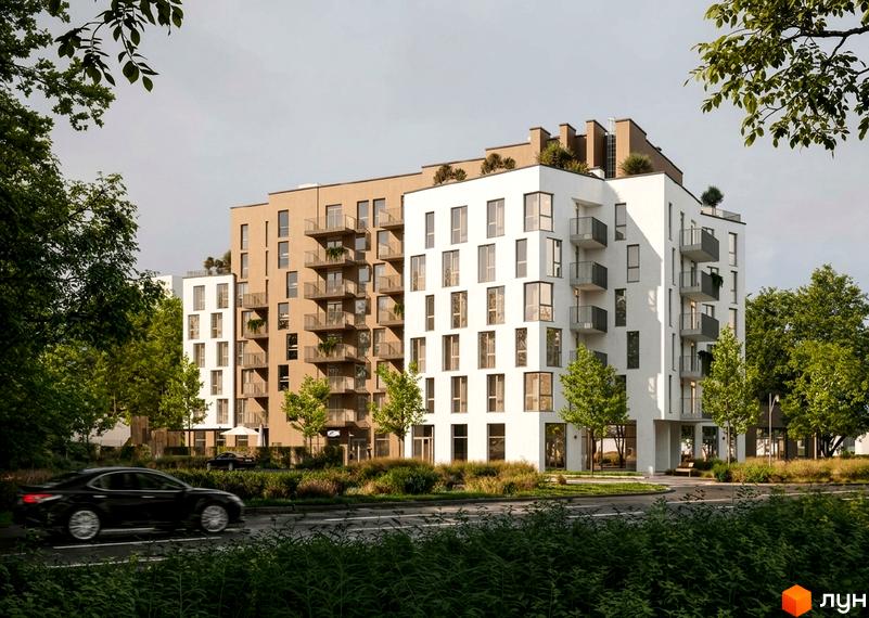 Фасад Житлового комплексу PRAUD Rise з білими та бежевими секціями, балконами та великими вікнами. Навколо будівель багато зелених насаджень та дорога.