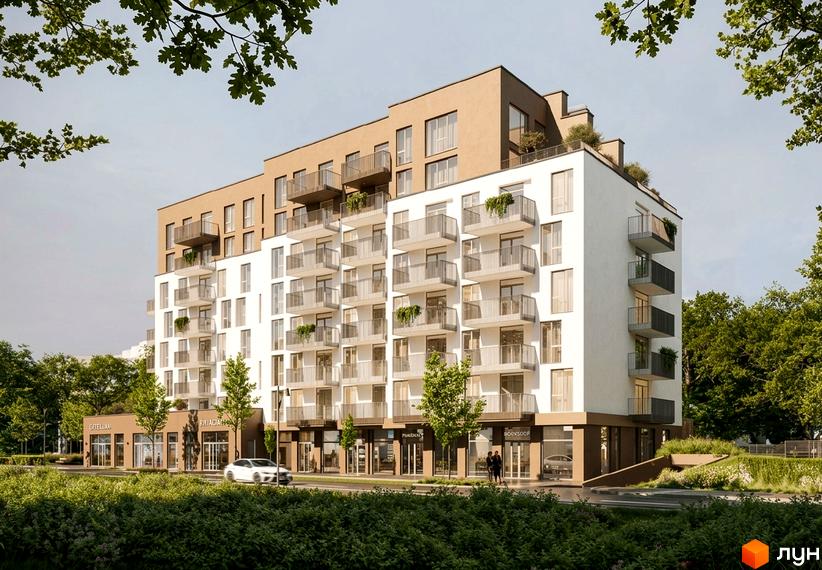 Житловий комплекс PRAUD Rise: багатоповерховий будинок з білим та коричневим фасадом, балконами та комерційними приміщеннями. Навколо багато зелені.