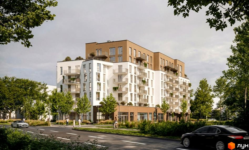 Житловий комплекс PRAUD Rise має біло-коричневий фасад з численними балконами. Навколо багато зелені, дорога та пішохідні зони з людьми.