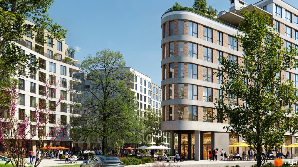 Житловий комплекс WMisto: будинки з вигнутим фасадом, цегляною обробкою та великими вікнами. Прибудинкова територія з деревами та кафе.