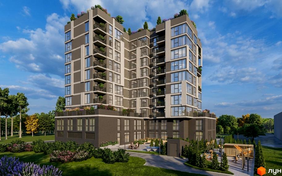 Багатоповерховий житловий будинок на вул. Родіона Скалецького, 21 з темно-сірим та світлим фасадом, балконами та зеленим дахом. Прибудинкова територія має доглянутий газон, кущі, квіти та дитячий майданчик.