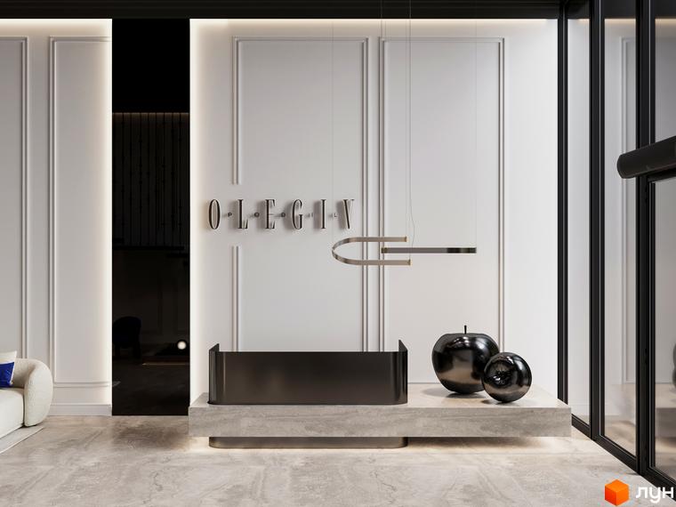 Лобі OLEGIV Boutique Residence з білими стіновими панелями, темною стійкою та декоративними елементами. Вхідна зона Комплексу.