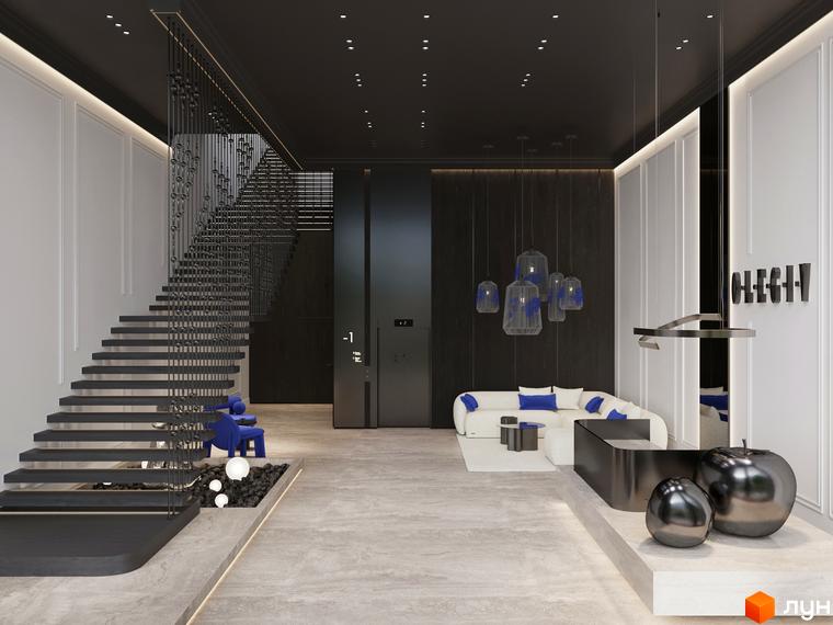 Інтер'єр лобі OLEGIV Boutique Residence має чорні сходи з металевими поручнями, білі стіни та темні дерев'яні панелі. Простір облаштований м'якими меблями та освітленням.