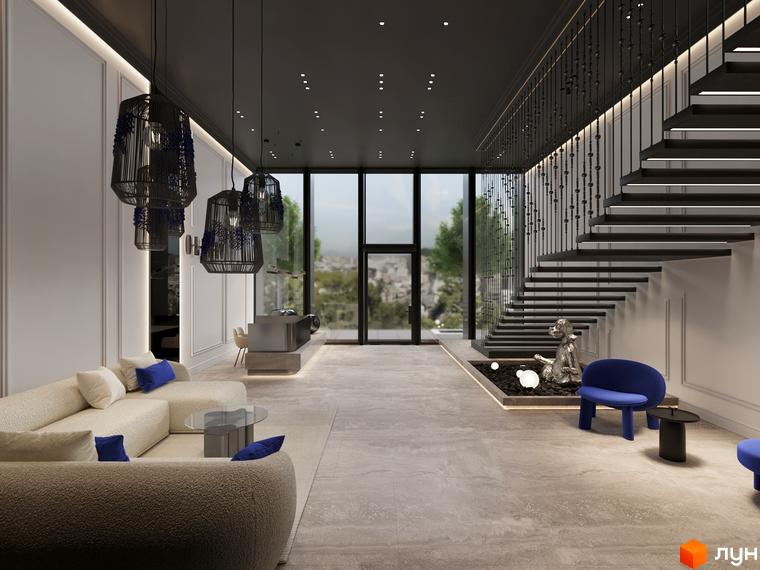Інтер'єр OLEGIV Boutique Residence: простора вітальня з великим диваном, сходами та панорамними вікнами на міський ландшафт.