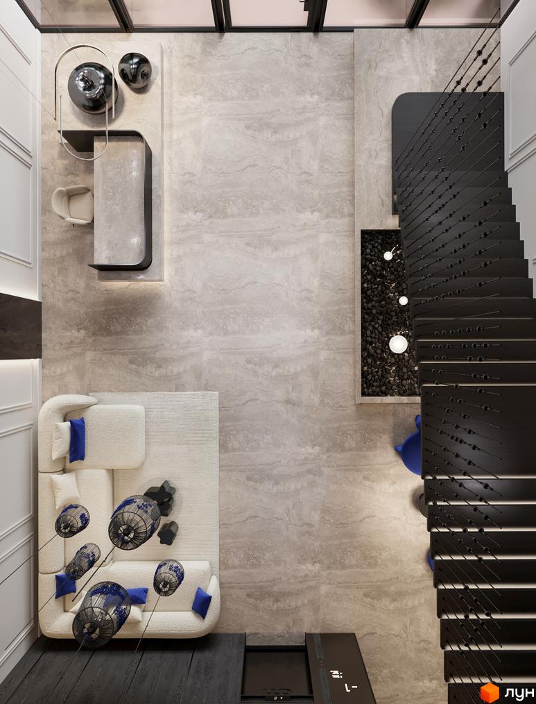 Інтер'єр OLEGIV Boutique Житловий комплекс: простора вітальня з білим диваном, обідня зона, темні сходи та декоративний кам'яний сад.