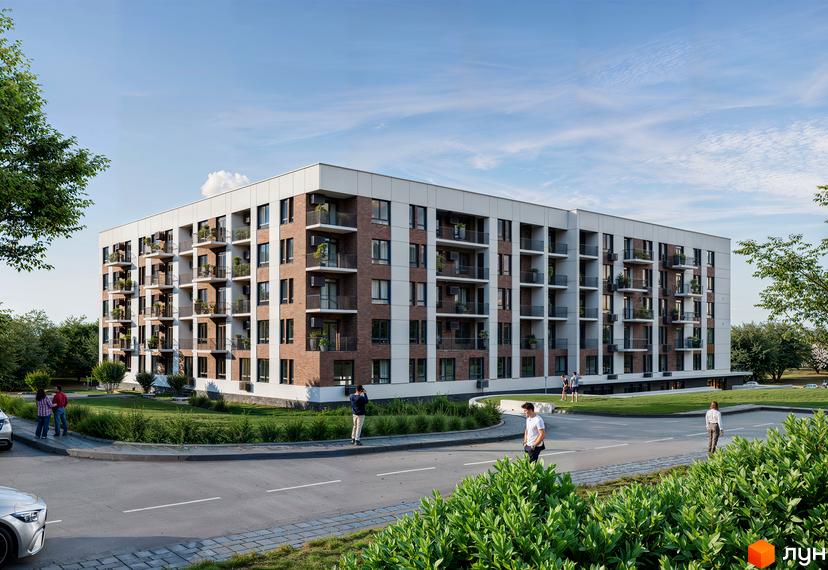 Житловий комплекс Silver Hill з фасадом з цегли та світлих панелей, балконами з рослинами. Прибудинкова територія з зеленими газонами та доріжками.