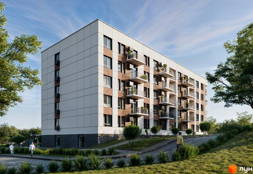 Житловий комплекс Silver Hill з білим та цегляним фасадом, балконами. Навколо будинку зелені насадження та пішохідні доріжки.