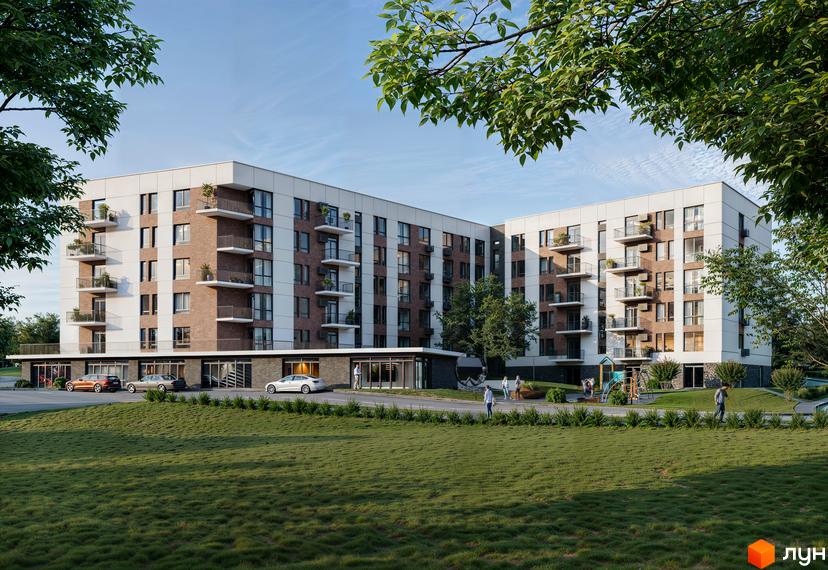 Житловий комплекс Silver Hill: багатоповерховий будинок з білими та цегляними фасадами, балконами. Прибудинкова територія з газоном, дорогою та дитячим майданчиком.