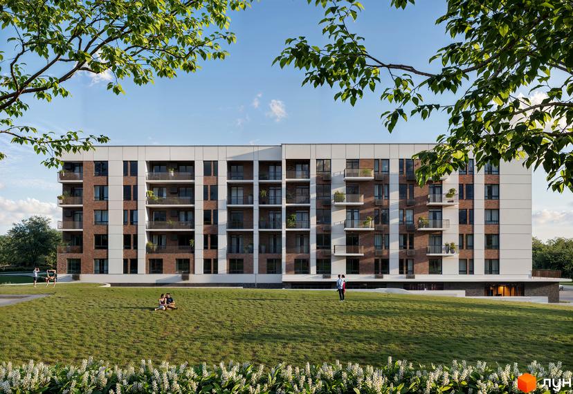 Фасад Житлового комплексу Silver Hill виконаний з цегли та білих панелей, з численними балконами. Перед будинком розкинувся зелений газон з квітами та відпочиваючими людьми.